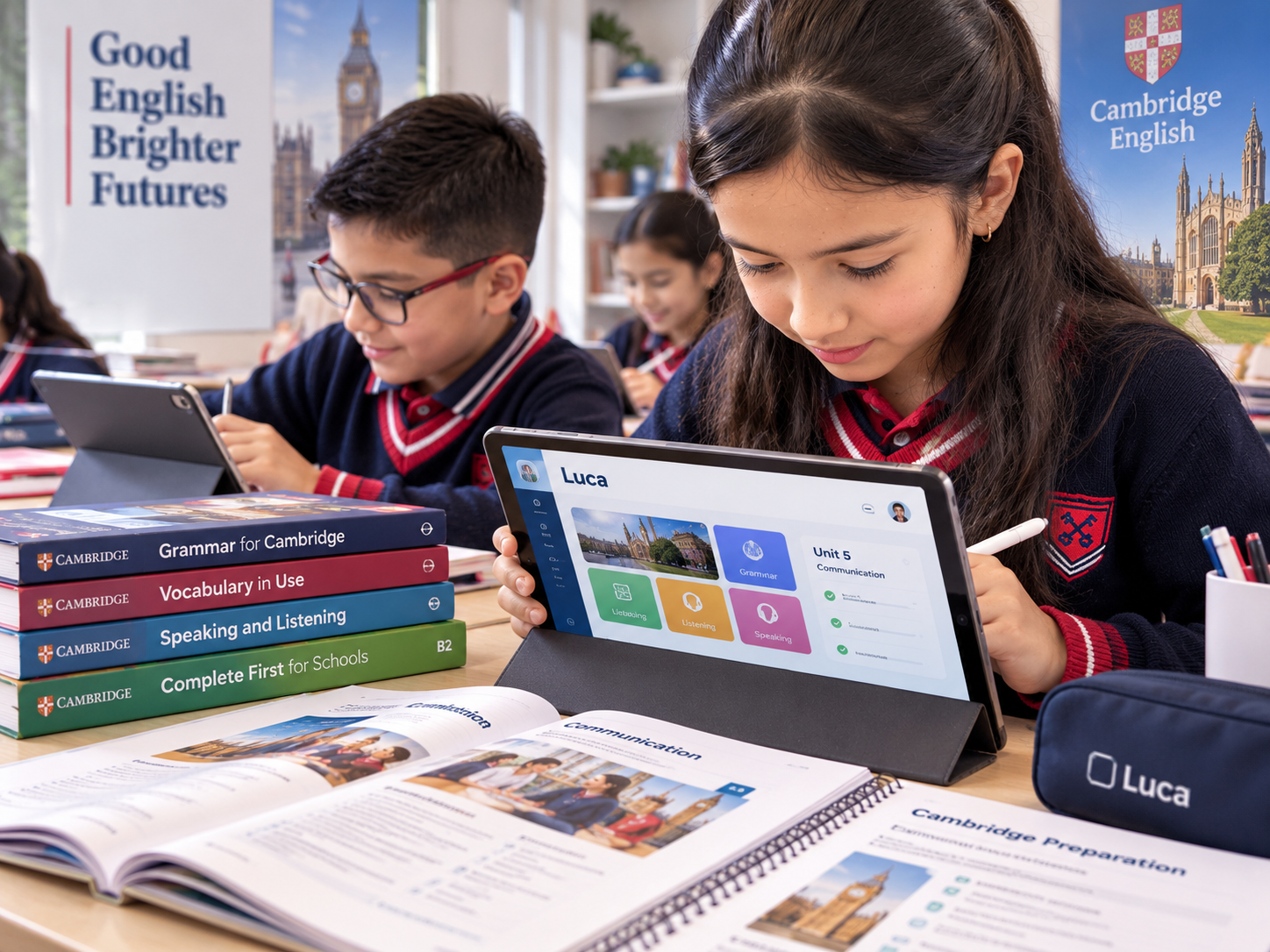 Referencia visual de materiales de inglés, Cambridge y plataforma educativa Luca