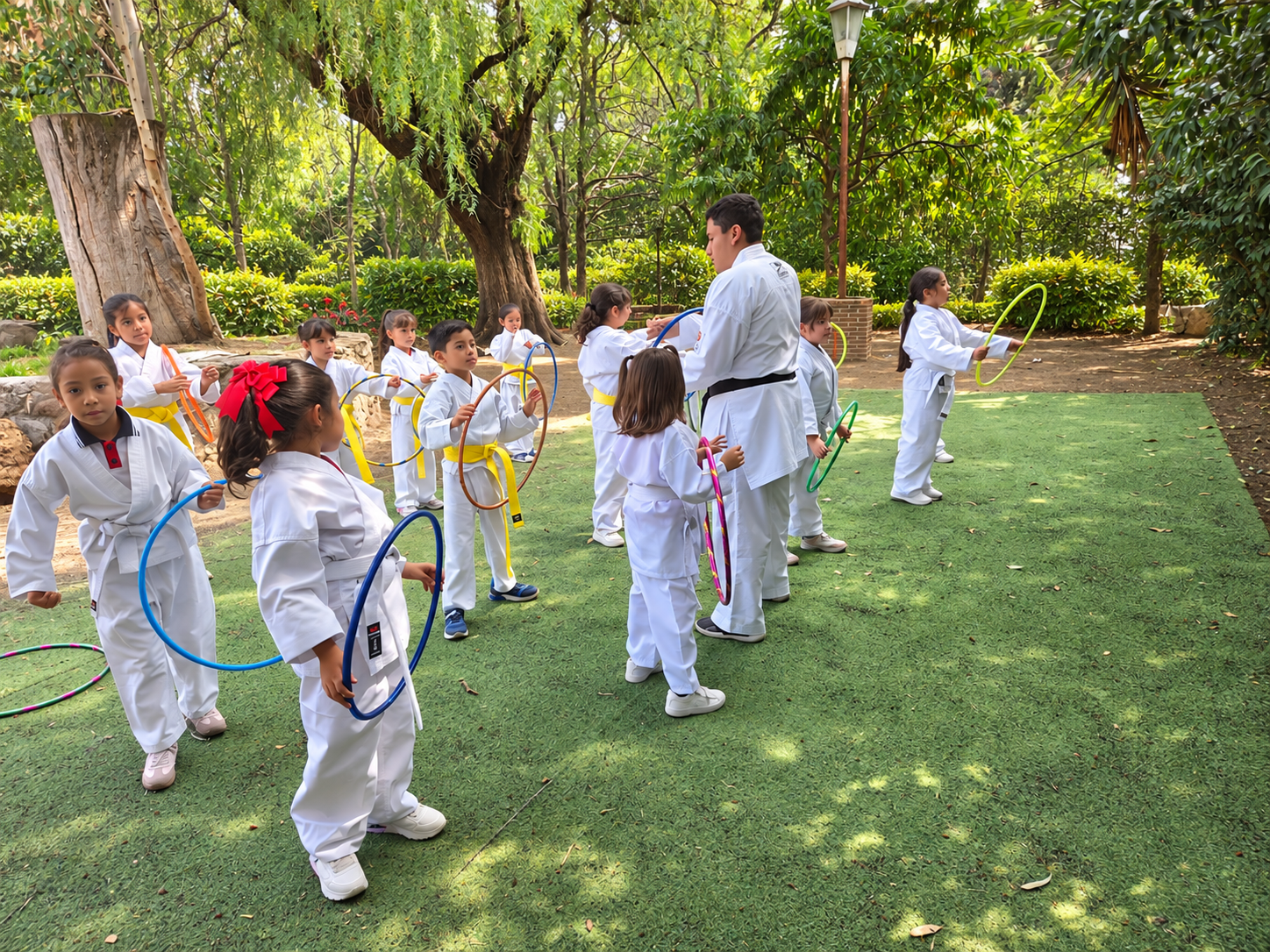 Alumnos de San Pedro School practicando karate